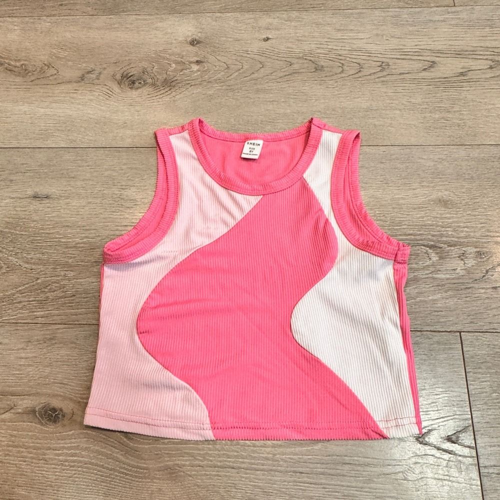 SHEIN Kids Girls Pink White Abstract Ribbed Crop Tank Top Size 8 Y Youth
